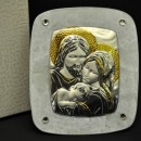 Icona vetro con placca argento Sacra Famiglia e strass. CM 6.5x5.5 con scatola. MADE IN ITALY