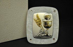 Icona vetro con placca argento comunione e strass. CM 7x8.5 con scatola. MADE IN ITALY