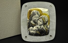 Icona vetro con placca argento Sacra Famiglia e strass. CM 7x8.5 con scatola.MADE IN ITALY