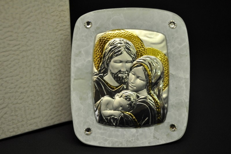 Icona vetro con placca argento Sacra Famiglia e strass. CM 7x8.5 con scatola.MADE IN ITALY