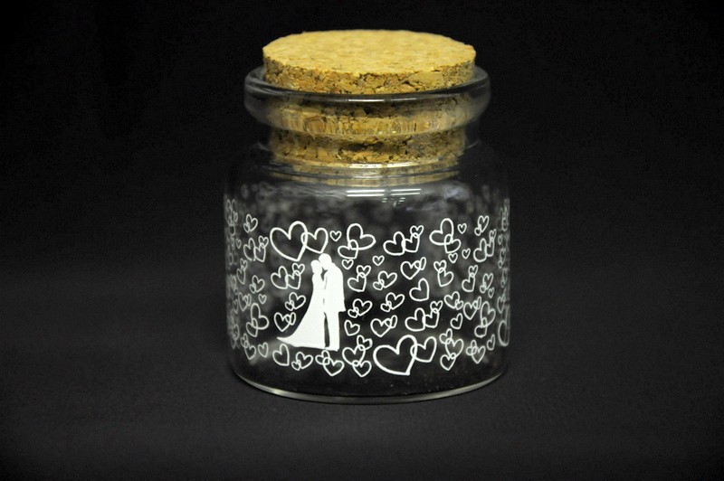 Barattolino vetro con tappo sughero con decoro sposi H 5 Diam. 5