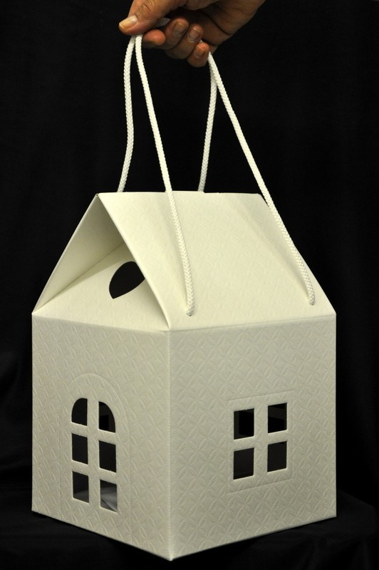 Scatola cartone trapuntato forma casa con due manici. CM 20x20 H 30