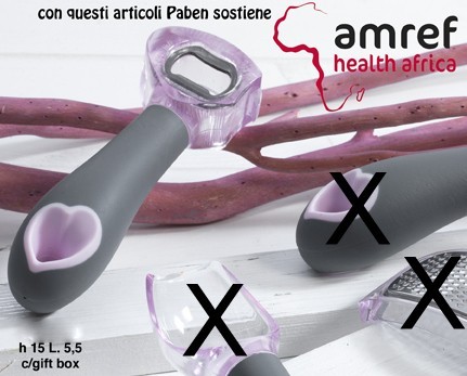 Apribottiglie plastica e metallo CM 15 con scatola. LINEA EQUOSOLIDALE.