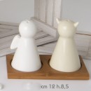 Sale e pepe ceramica angelo/diavolo bianco e panna con base legno CM 12 H 9 con scatola