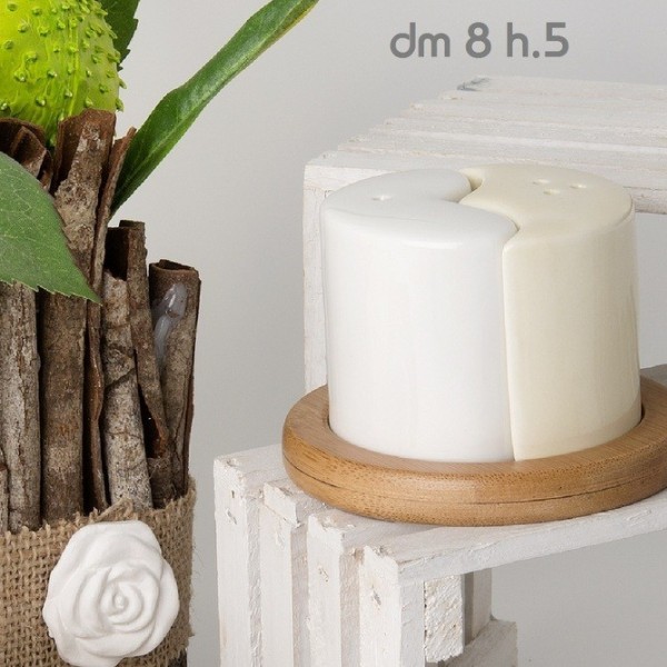 Sale e pepe ceramica bianca e panna con base legno DIAM 8 H 5 con scatola