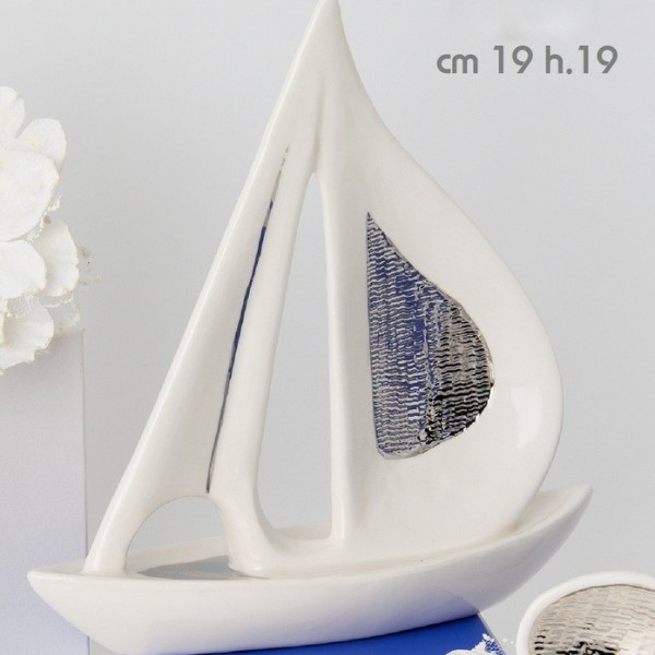 Veliero ceramica bianca e silver CM 19x19 con scatola