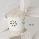 Secchiello latta bianco con coperchio e passamaneria telo pois CM 10 (manico compreso)