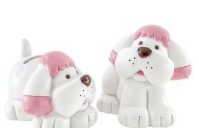 Cagnolino salvadanaio in resina bianco e rosa ass.2 H 12
