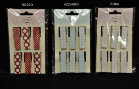 Set 6 mollettine legno da applicazione pois e scacco rosso, rosa o azzurro CM 4.5x1