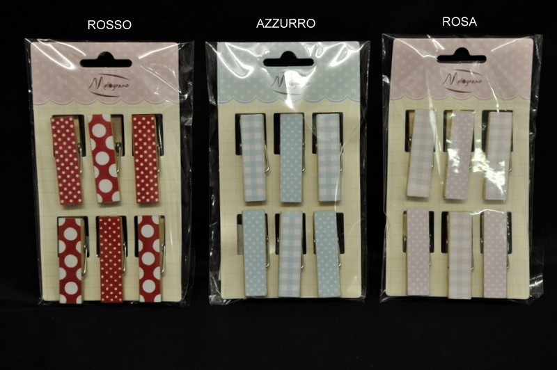 Set 6 mollettine legno da applicazione pois e scacco rosso, rosa o azzurro CM 4.5x1