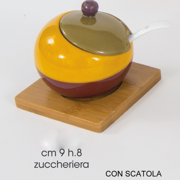 Zuccheriera in porcellana con base legno diam. 9 H 8 con scatola