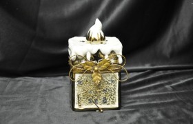 Porta t-light oro con decorazioni natale 9x9 H 17