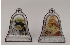 Icona in laminato argento colorato su base legno e sonaglio h. 7