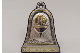 Icona comunione in laminato argento su base legno forma campana con sonaglio.H 7CM