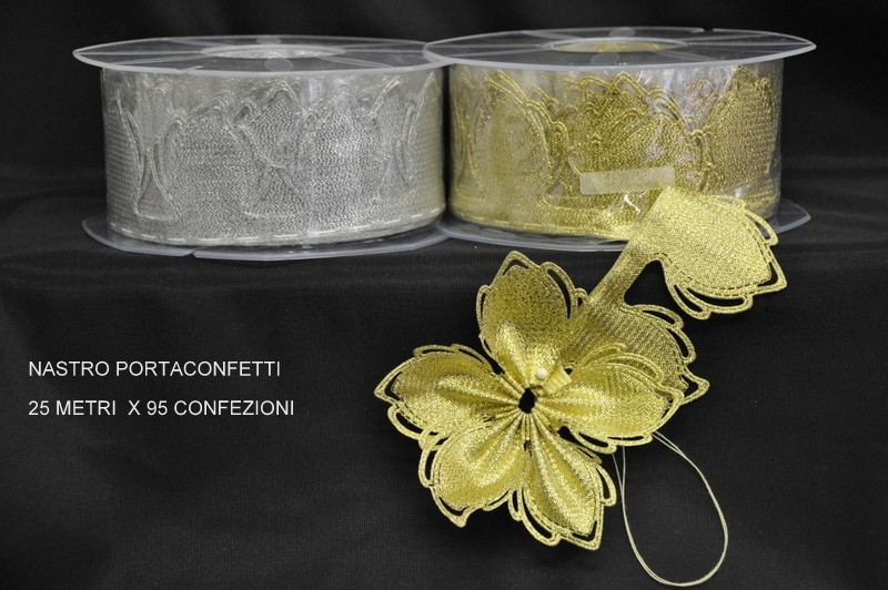 Nastro portaconfetti oro e argento 25 metri per 95 confezioni.