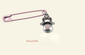 Ciucciotto con spilla da balia rosa o azzurro, in ottone con bagno argento.MADE IN ITALY