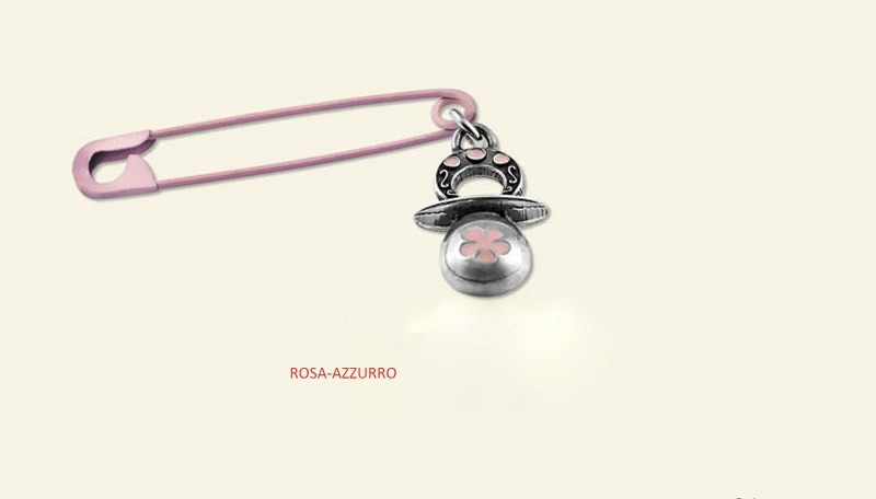 Ciucciotto con spilla da balia rosa o azzurro, in ottone con bagno argento.MADE IN ITALY