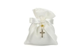 Sacchetto cotone avorio con ciondolo crocetta strass.MIS.9X11CM