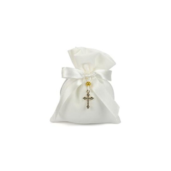 Sacchetto cotone avorio con ciondolo crocetta strass.MIS.9X11CM