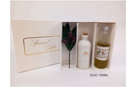 Box con oliera H.12CM con ramo,bottiglia olio oliva 100ML e shopper .