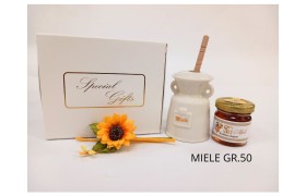 Box con portamiele H.8CM con margherita,barattolino miele GR.50 e shopper.
