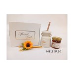 Box con portamiele H.8CM con margherita,barattolino miele GR.50 e shopper.