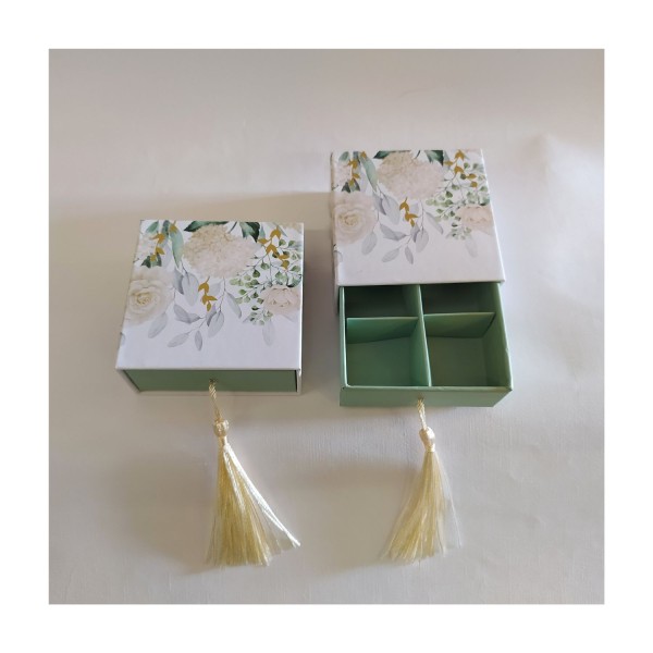 Scatola cartoncino champagne decoro floreale con inserto.MIS.7X7 H3CM