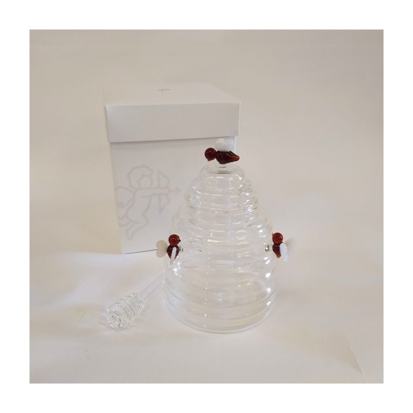Barattolo api miele e spargimiele vetro borosilicato, fatto a mano H 14,5CM Scatola compresa.