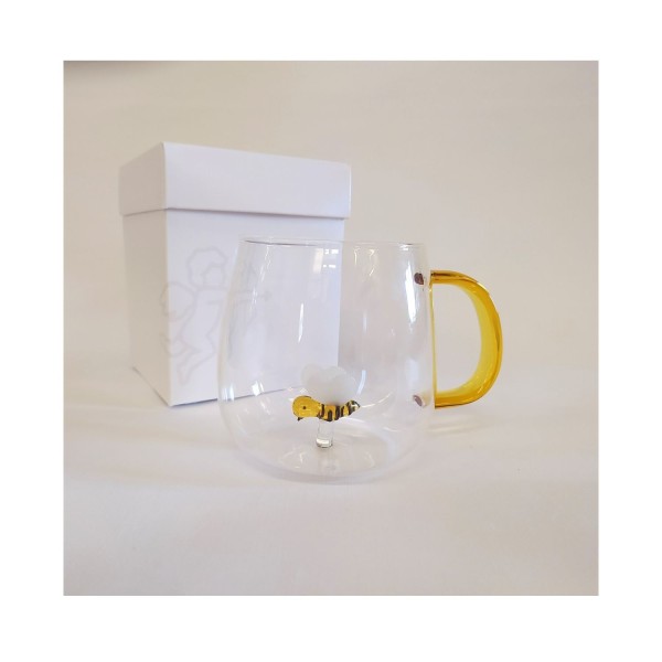 Mug con ape in vetro borosilicato,fatto a mano.MIS.9X9CM Scatola compresa.