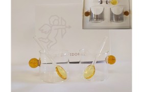 SET2 tazze con cucchiaino in vetro borosilicato,fatto a mano MIS.5X5CM Scatola compresa.