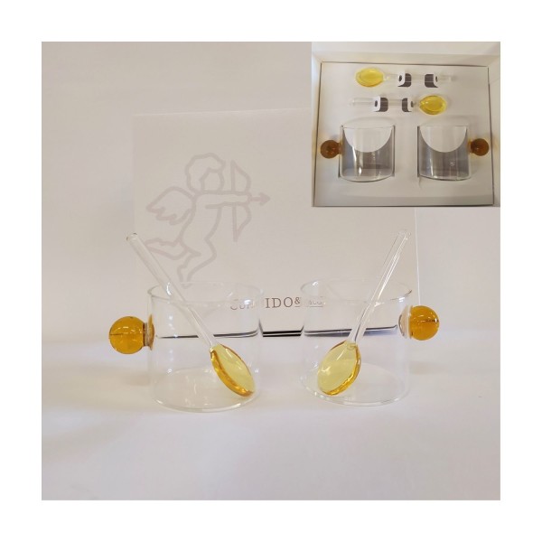 SET2 tazze con cucchiaino in vetro borosilicato,fatto a mano MIS.5X5CM Scatola compresa.