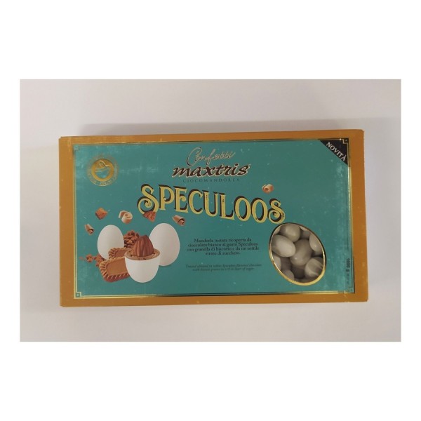 Mandorla tostata ricoperta da cioccolato bianco gusto SPECULOOS con granella di biscotto e da un sottile strato di zucchero.KG.1