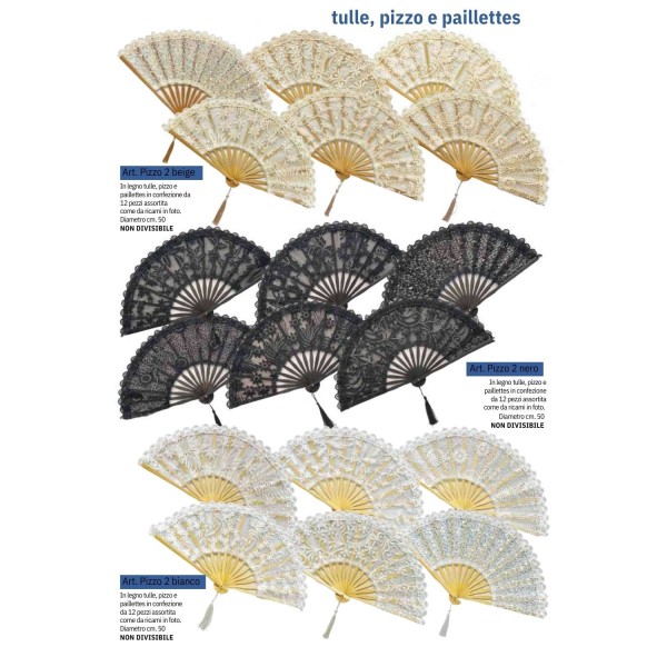 Ventaglio in legno,tulle pizzo e paillettes.DIAM.50CM