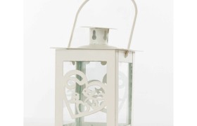 Lanterna metallo avorio cuore con coppia uccellini.MIS.7,5X10,5CM (con manico 15CM)