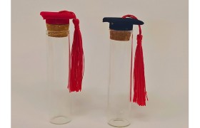 Provetta vetro con tappo sughero e tocco laurea in vellutino. H 10