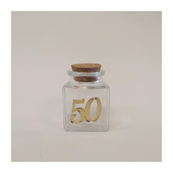 Barattolo vetro con applicazione plexi 50. CM 4x4 H 6