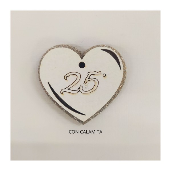Cuore legno con calamita, applicazione glitter 25°. CM 4.5