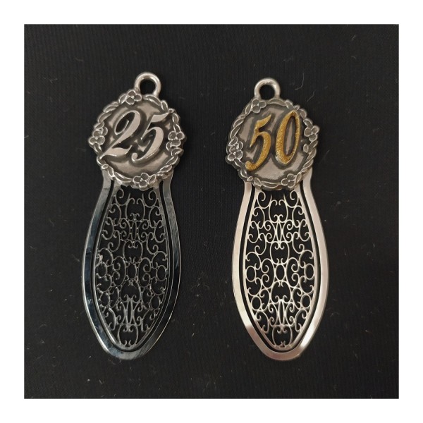 Segnalibro metallo e argento 25° e 50°glitter cm 7x2,5. MADE IN ITALY