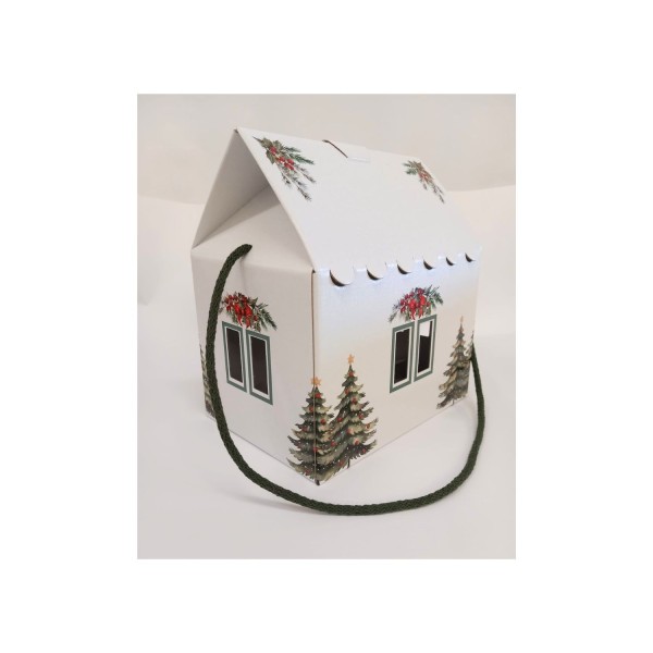 Scatola casetta cartoncino bianco  con manico corda MIS.20X14 H14CM
