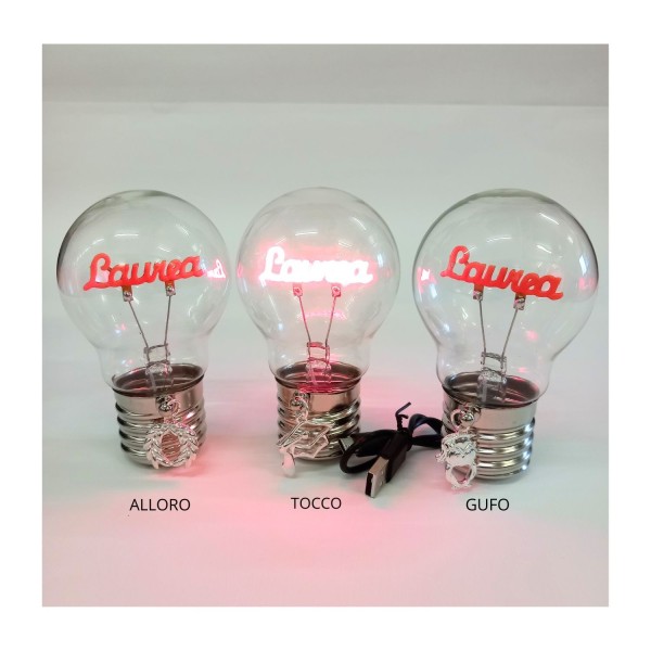 Lampadina con scritta laurea ciondolo ricoperto in argento finitura lucida ,cavo USB H12CM