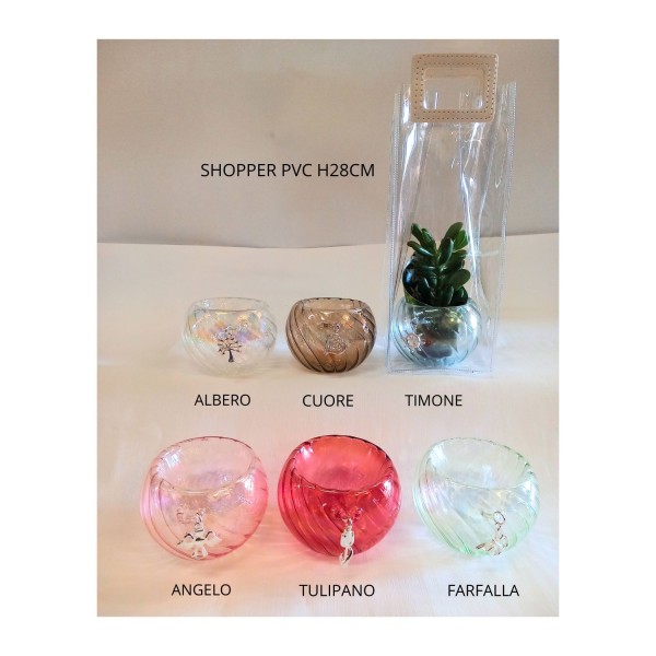 Vaso vetro con ciondolo ricoperto in argento e pianta grassa ,shopper compresa DIAM.9CM MADE IN ITALY