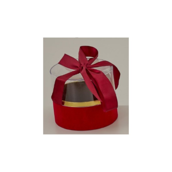 Scatolina cartoncino oro con base in vellutino rosso e coperchio plexi.DIAM.12 H 11CM