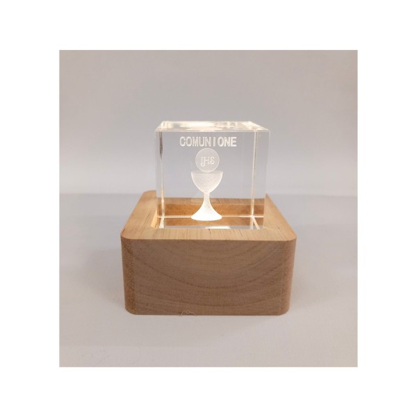 Cubo vetro COMUNIONE base legno luce led Misura cubo 4x4cm base legno 6x6cm