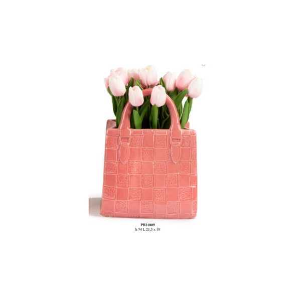 Vaso ceramica tulipani, borsetta rosa.MIS.21,5X18 H34CM
