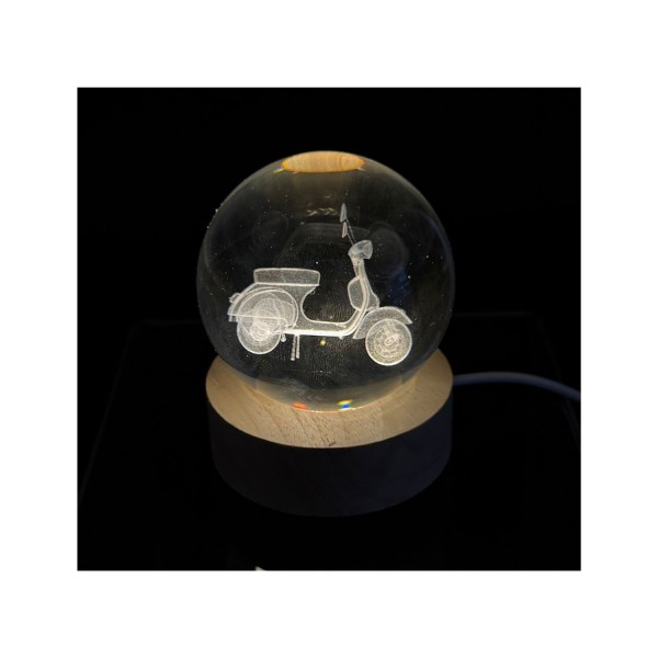 Sfera vetro vespa su base legno luce led e cavo USB DIAM.6 H8CM