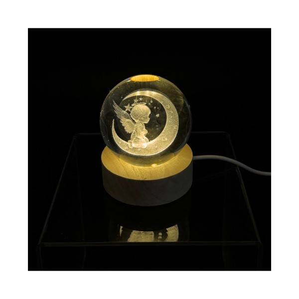 Sfera vetro angelo su base legno luce led e cavo USB DIAM.6 H8CM
