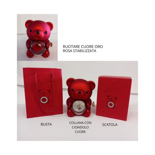 Orsetto rosso con collana e rosa stabilizzata ,scatola e busta compresi.MIS 9X10 H13CM