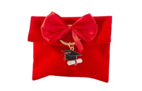 Bustina velluto rosso con fiocco raso e p/chiavi. MIS.10X8CM