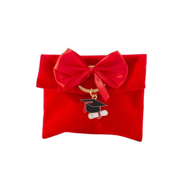 Bustina velluto rosso con fiocco raso e p/chiavi. MIS.10X8CM