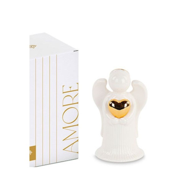 Angelo ceramica bianco cuore oro, con scatola. H10 CM